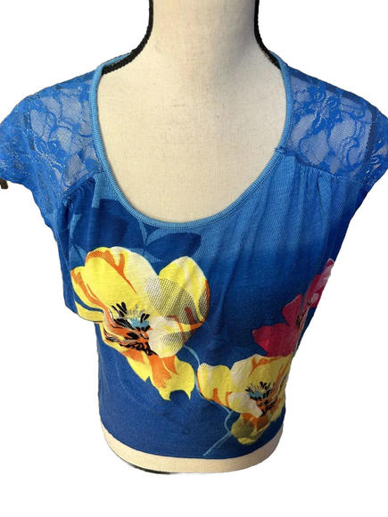 Venus - Shirt Top Size M Medium Blue Sheer Lace Back - Picture 1 of 4